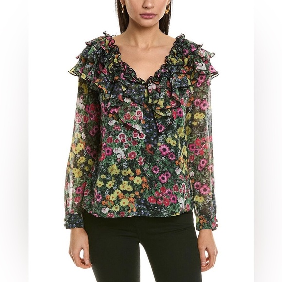 NWT! $195 Ted Baker London Floral Ruffle Blouse Black Floral MulticolorSize S - Picture 1 of 9